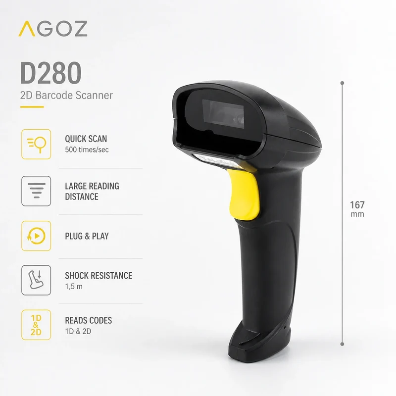 Scanner de codes-barres 2D sans fil AGOZ D280 avec support, Bluetooth 2,4G USB filaire
