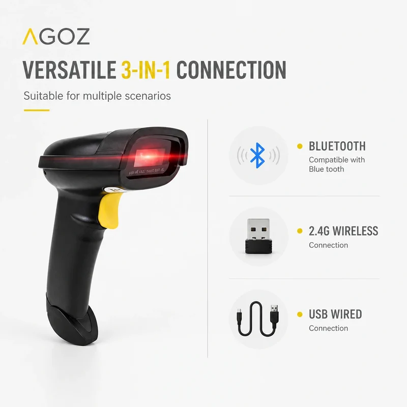 Scanner de codes-barres 2D sans fil AGOZ D280 avec support, Bluetooth 2,4G USB filaire