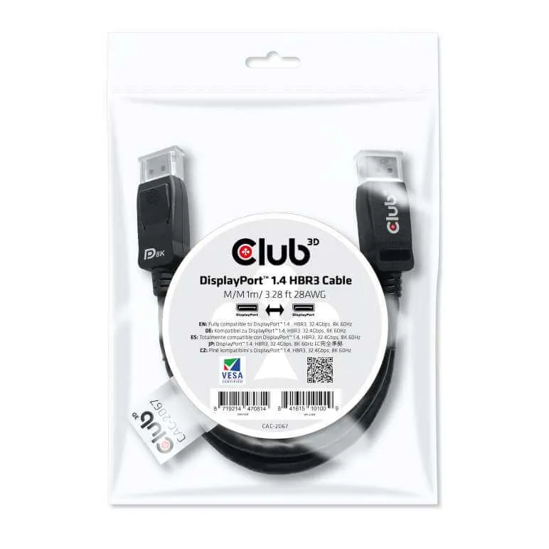 CABLE ADAPTATEUR CLUB 3D CAC-2067 - DISPLAYPORT™ 1.4 HBR3 CABLE MALE / MALE 1M/3.28FT.
