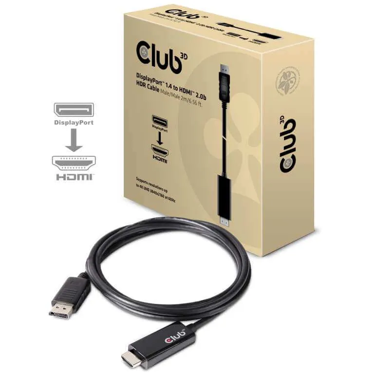 CABLE ADAPTATEUR CLUB 3D CAC-1082 - DISPLAY PORT 1.4 CABLE MALE TO HDMI 2.0B MALE 4K 60HZ HDR 2METERS /6.56FT