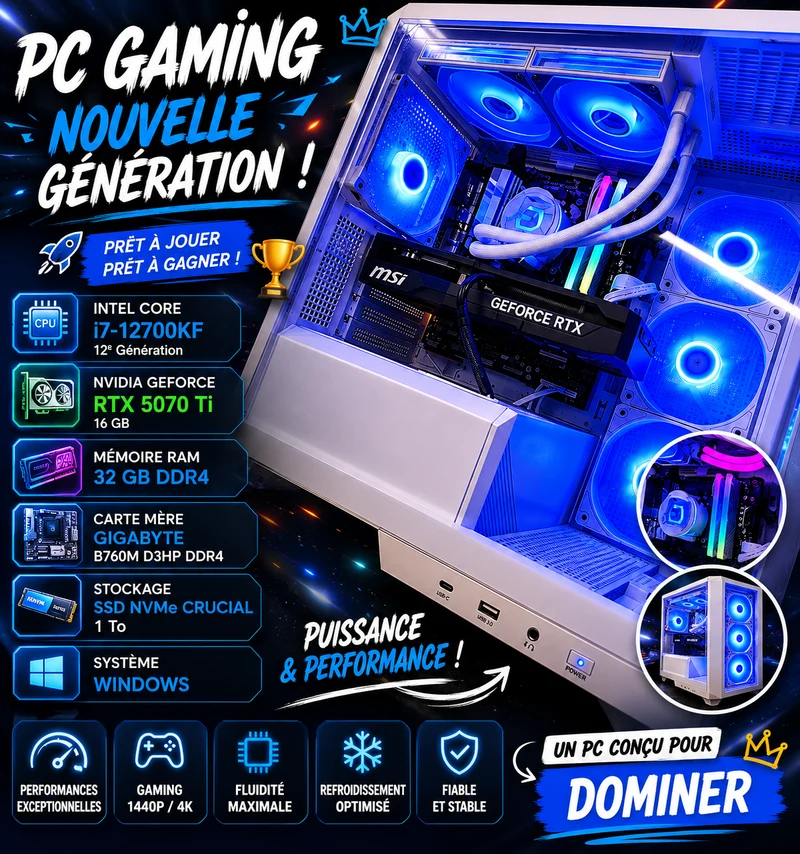 PC Gaming RTX 5070 Ti 16 Go – Intel i7-12700KF – 32 Go – SSD NVMe 1 To