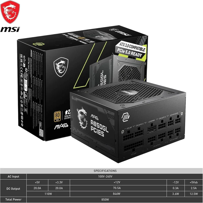 MSI MAG A850GL PCIE5 850W – 80 Plus Gold ATX 3.0