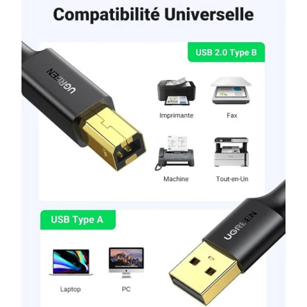 Ugreen Cable Imprimante USB 2.0 A Mâle vers USB B Mâle 1.5M (10350)