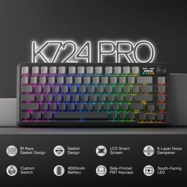 Redragon Behemoth K724 SP Tri-Mode Pro LCD Wireless Mechanical Keyboard (Gardient Gray)