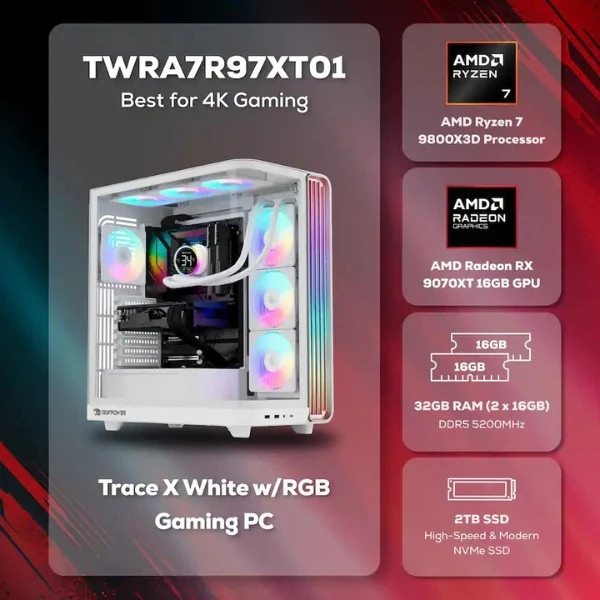 Pc Gaming iBUYPOWER Trace AMD Ryzen 7 9800X3D (5.2 GHz) - 32 GB DDR5 RGB - 2 TB SSD - AMD Radeon RX 9070 XT 16GB GDDR6 - 750 W - Win 11 Home - White