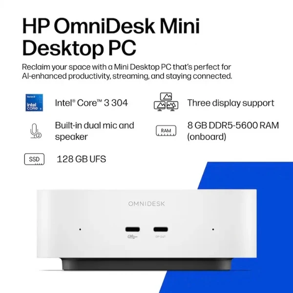 Mini PC HP OmniDesk Intel Core 3 304 (4.3 GHz) - 8 GB DDR5 - 128 GB UFS - Intel Graphics - 100 W - Win 11 Home - Cashmere White