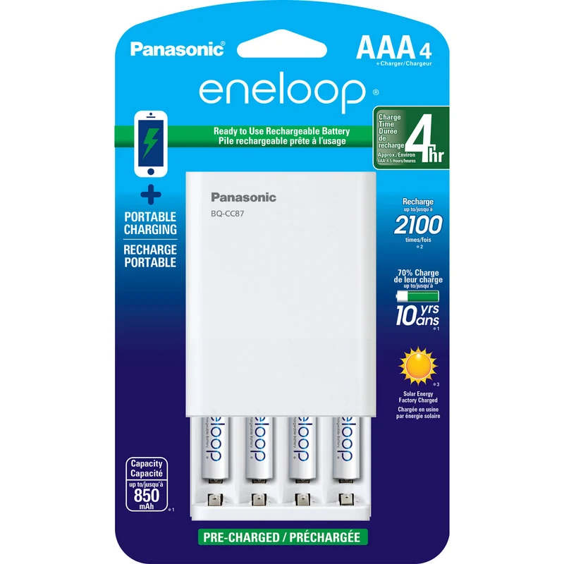 Cargador Panasonic Four Position eneloop Mobile Boost Kit con (AAA, 4-Pack)