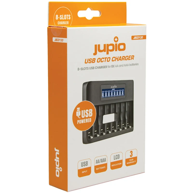 Cargador Jupio 8-Slot USB Octo con LCD para recargables AA y AAA