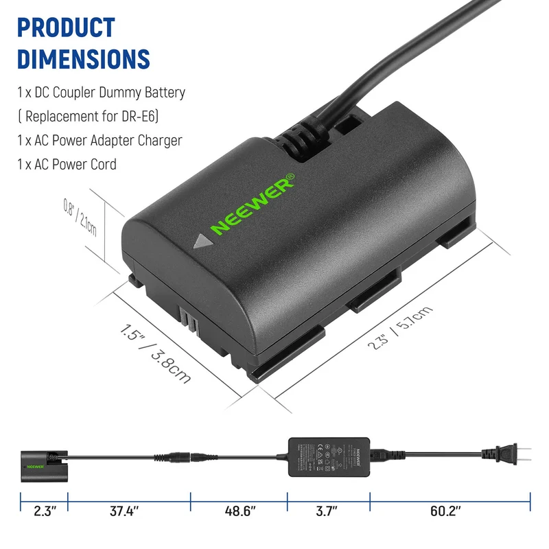 Adaptador de Corriente Neewer LP-E6 Dummy y Kit