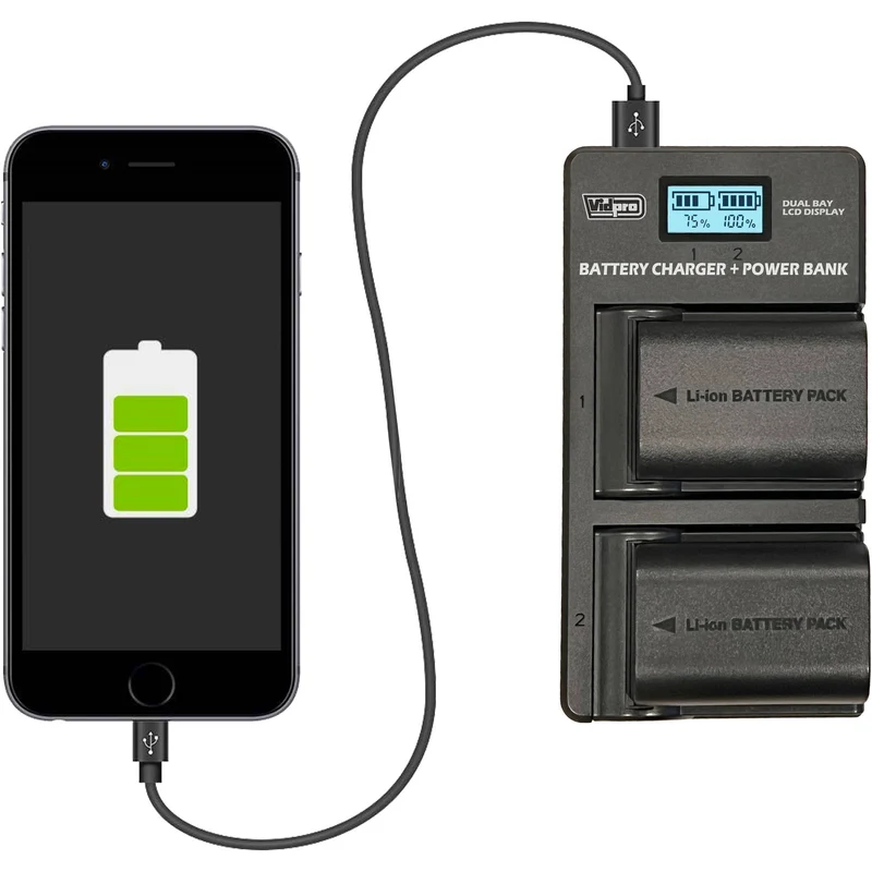 Cargador Vidpro VDL-14 Dual Bay LCD con Power Bank para Nikon EN-EL1 y Minolta NP-800