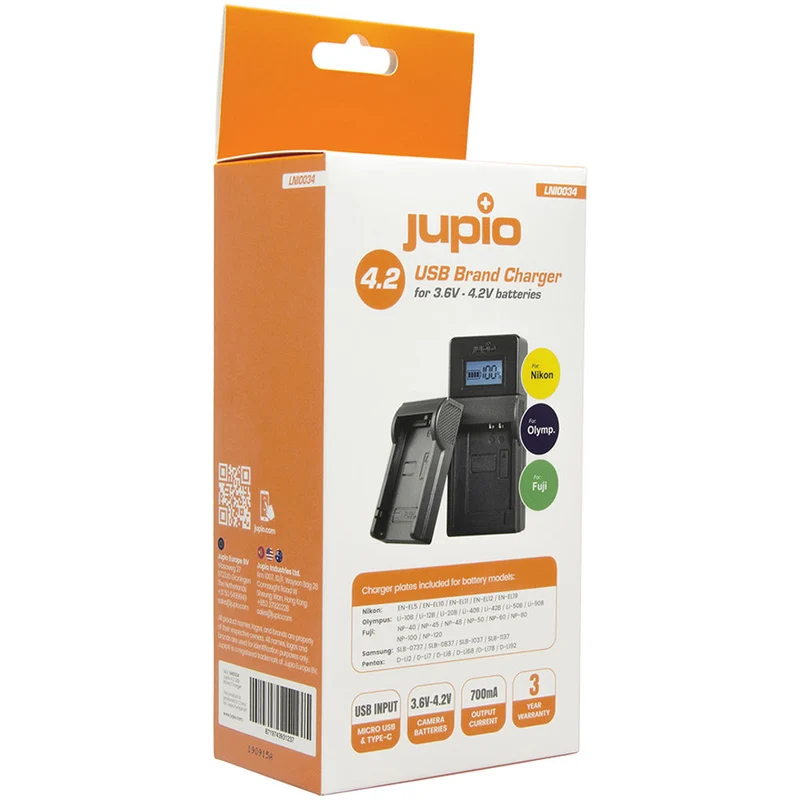 Cargador Jupio USB Kit para Select FUJIFILM, Nikon, Olympus, Pentax, y Samsung (3.6 to 4.2V)