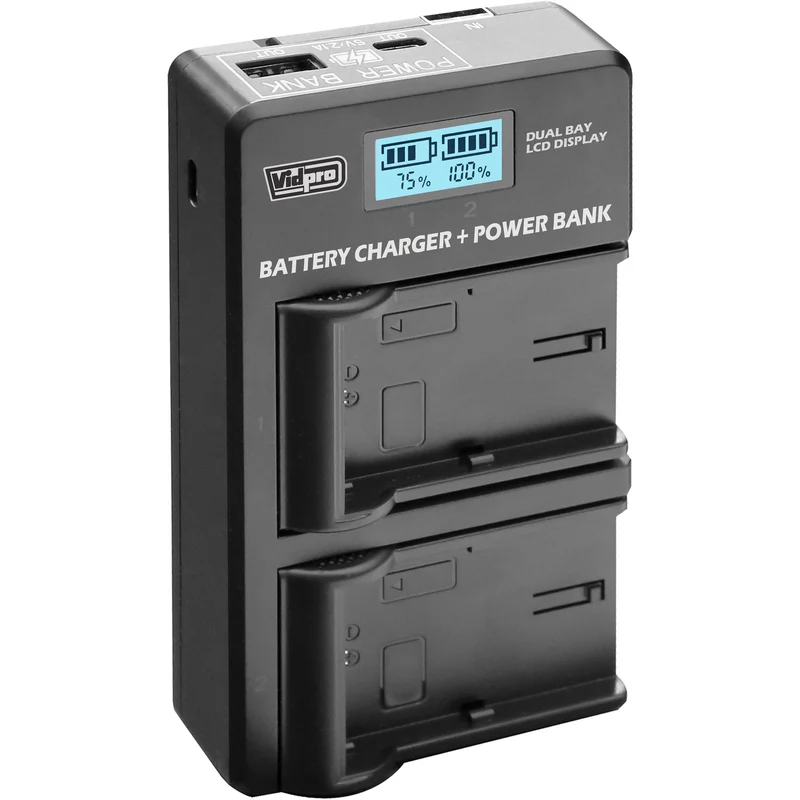 Cargador Vidpro VDL-70 Dual Bay LCD con Power Bank para Canon LP-E10