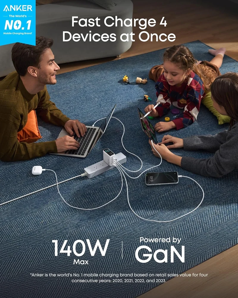 Cargador Anker 140W 3 Puertos USB-C y 1 Puerto USB-A con Cable USB-C