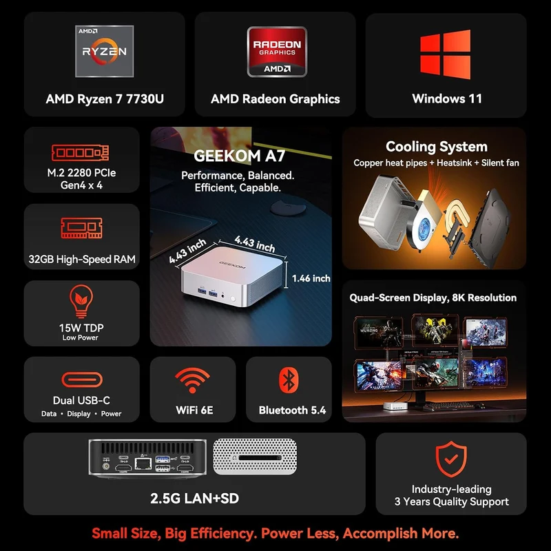 Mini PC GEEKOM A7 32 GB RAM 500 GB SSD, con Ryzen 7 7730U