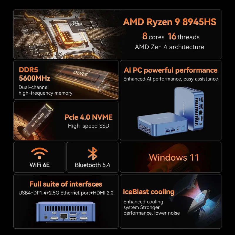 Mini PC GEEKOM AX8 32 GB RAM, con AMD Ryzen 9 8945HS y Windows 11 Pro