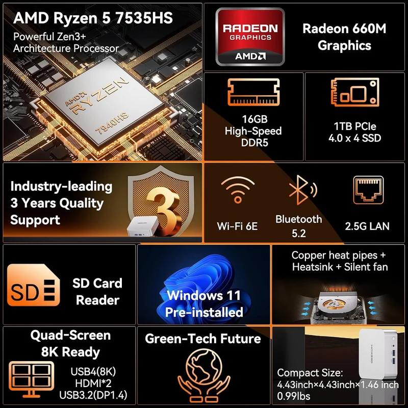 Mini PC GEEKOM A7 16 GB RAM 1 TB SSD, con AMD Ryzen 5 7535HS
