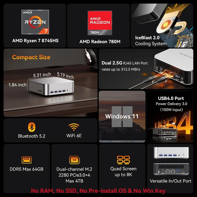 Mini PC GEEKOM A8 Max, con AMD Ryzen 7 8745HS