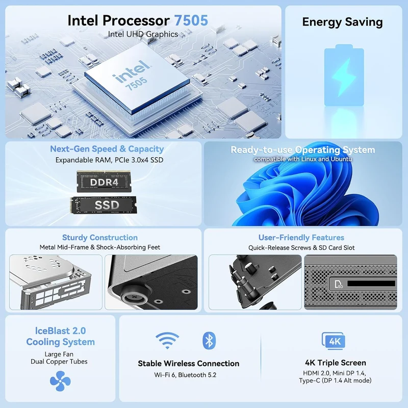 Mini PC GEEKOM Air12 8 GB RAM 256 GB SSD, con Intel Core 3 7505