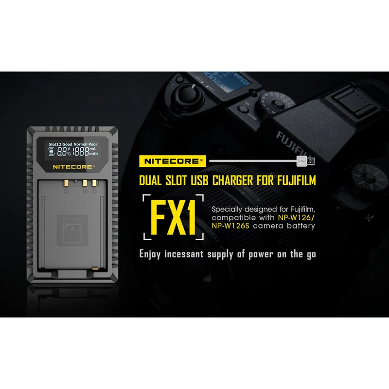 Cargador Nitecore FX1 Dual-Slot USB Travel para FUJIFILM NP-W126 & NP-W126S