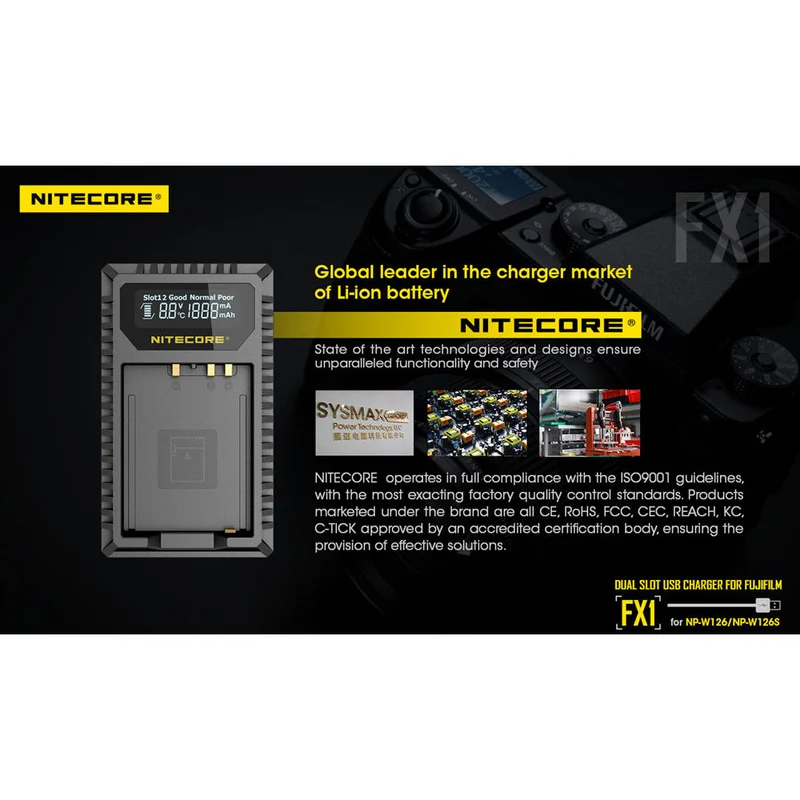Cargador Nitecore FX1 Dual-Slot USB Travel para FUJIFILM NP-W126 & NP-W126S