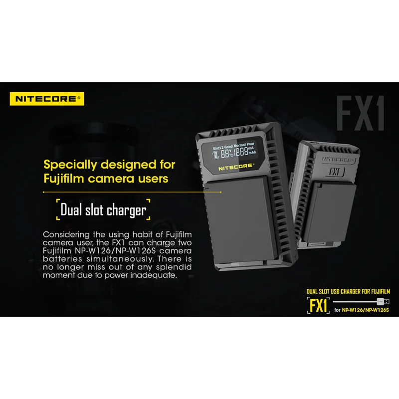 Cargador Nitecore FX1 Dual-Slot USB Travel para FUJIFILM NP-W126 & NP-W126S