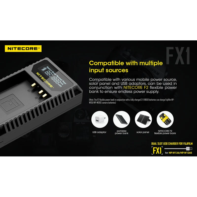 Cargador Nitecore FX1 Dual-Slot USB Travel para FUJIFILM NP-W126 & NP-W126S