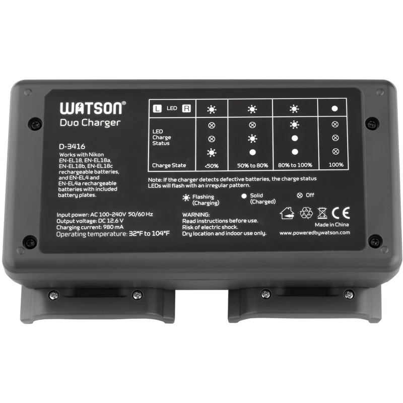 Cargador Watson Duo para EN-EL18, EN-EL18a, EN-EL18b, y EN-EL18c y EN-EL4-Series recargables