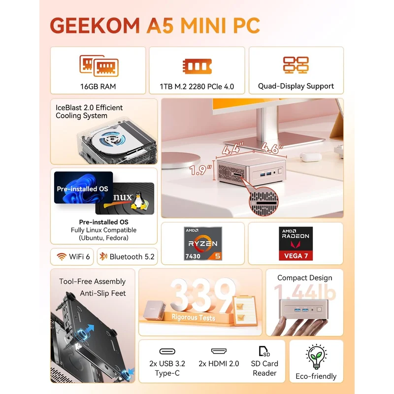 Mini PC GEEKOM A5 16 GB RAM 1 TB SSD, con AMD Ryzen 5 7430U
