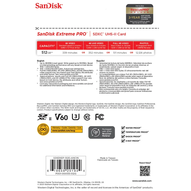 Tarjeta SanDisk 512GB Extreme PRO UHS-II SDXC (5-Pack)