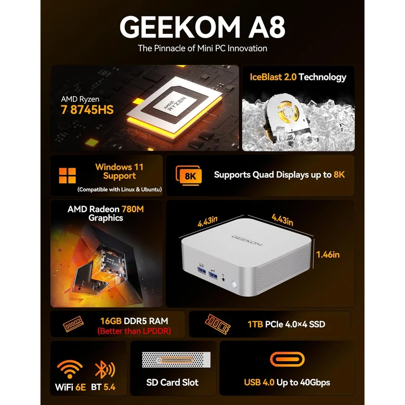 Mini PC GEEKOM A8 16 GB RAM 1 TB SSD, con Ryzen 7 8745HS y Windows 11