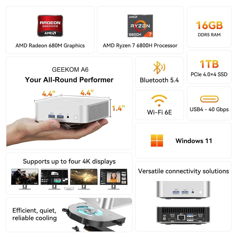 Mini PC GEEKOM A6 16 GB RAM 1 TB SSD, con Ryzen 7 6800H y Windows 11