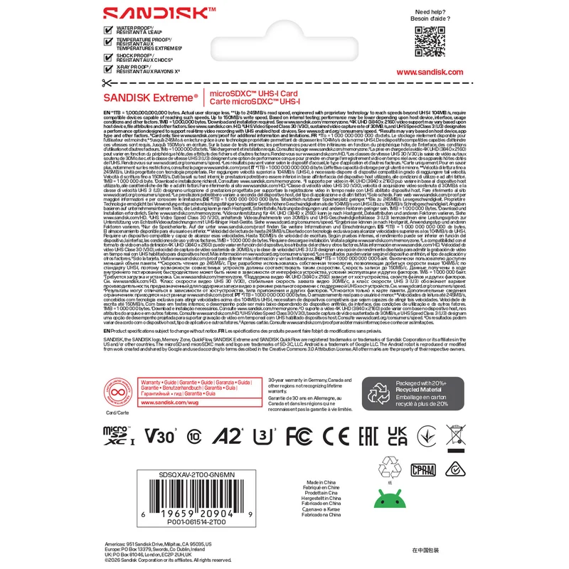 Tarjeta SanDisk 2TB Extreme UHS-I microSDXC (245 MB/s)