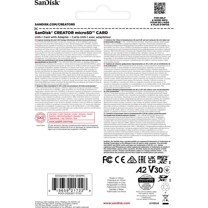 Tarjeta SanDisk 1TB Creator Serie UHS-I microSDXC con SD Adapter