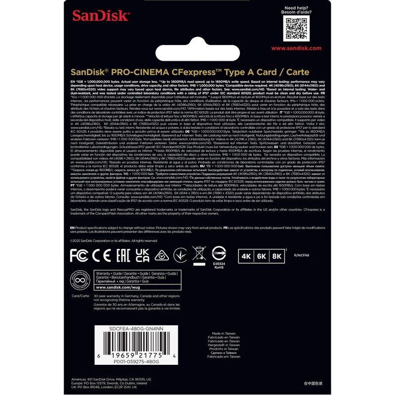 Tarjeta SanDisk 480GB PRO-CINEMA CFexpress Type A