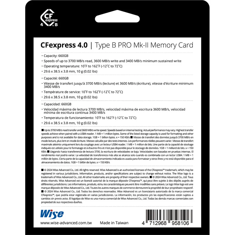 Tarjeta CFexpress Type B Wise Advanced 660GB CFexpress 4.0 Type B PRO Mark II