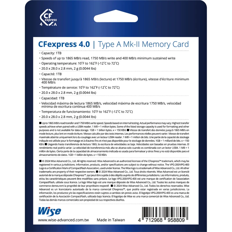 Tarjeta CFexpress Type A Wise Advanced 1TB CFexpress 4.0 Type A