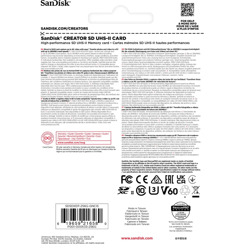 Tarjeta SanDisk 256GB Creator Serie UHS-II SDXC