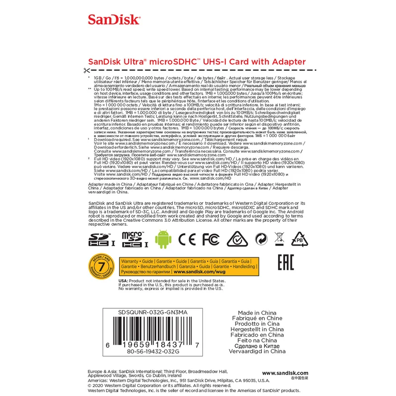Tarjeta SanDisk 32GB Ultra UHS-I microSDHC con SD Adapter