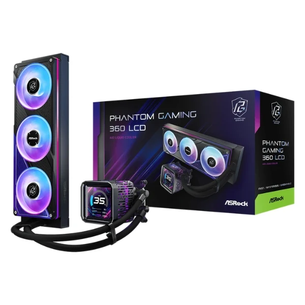Enfriador Líquido ASRock Phantom Gaming 360 LCD - AIO ARGB - Pantalla LCD IPS 3.4" - TDP 400W - Intel LGA1851/LGA1700 - AMD AM5/AM4 - Negro