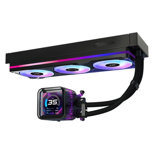 Enfriador Líquido ASRock Phantom Gaming 360 LCD - AIO ARGB - Pantalla LCD IPS 3.4" - TDP 400W - Intel LGA1851/LGA1700 - AMD AM5/AM4 - Negro