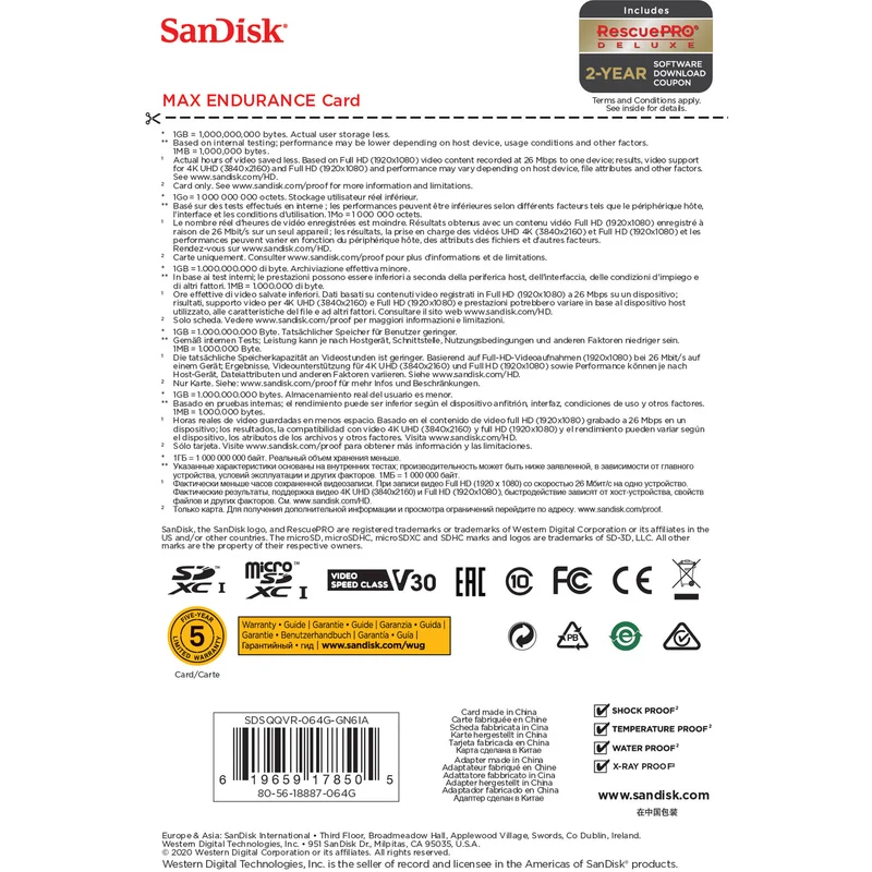 Tarjeta SanDisk 64GB MAX ENDURANCE UHS-I microSDXC con SD Adapter
