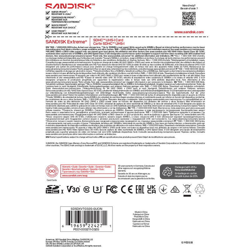 Tarjeta SanDisk 32GB Extreme UHS-I SDHC
