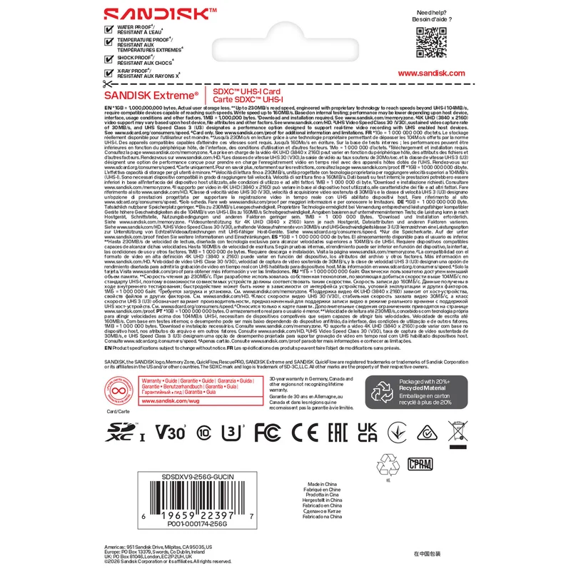 Tarjeta SanDisk 256GB Extreme UHS-I SDXC