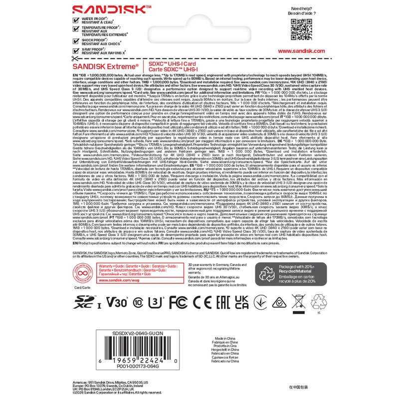 Tarjeta SanDisk 64GB Extreme UHS-I SDXC