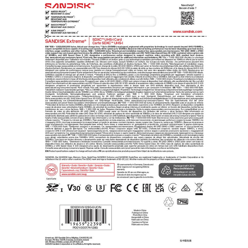 Tarjeta SanDisk 128GB Extreme UHS-I SDXC