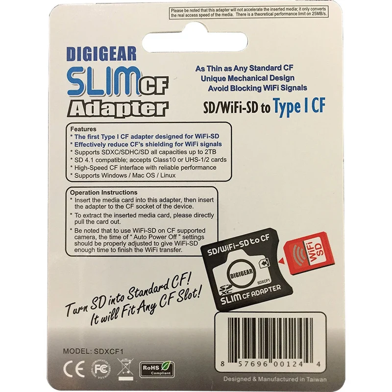 Adaptador de Tarjeta DigiGear Slim SD/Wi-Fi SD a CompactFlash Type 1 Adapter