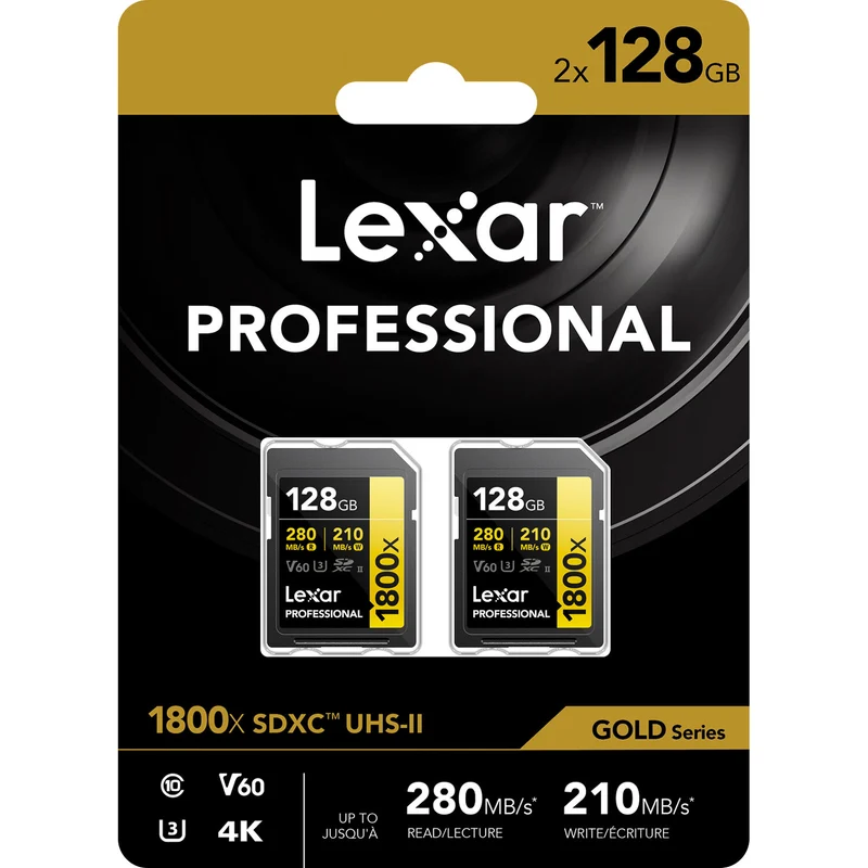 Tarjeta Lexar 128GB Professional 1800x UHS-II SDXC (GOLD Serie, 2-Pack)