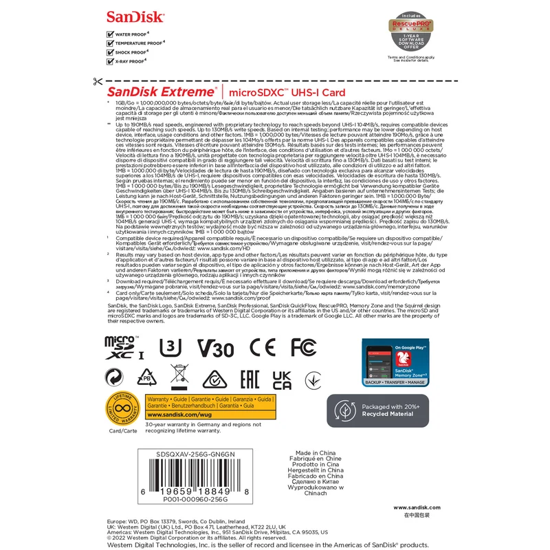 Tarjeta SanDisk 256GB Extreme UHS-I microSDXC (190 MB/s)