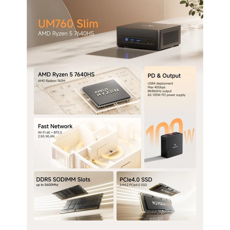 Mini PC Minisforum UM760 32 GB RAM 512 GB SSD, con AMD Ryzen 5 7640HS