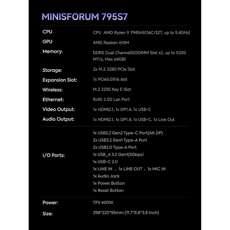 Mini PC Minisforum 795S7, con AMD Ryzen 9 7945HX
